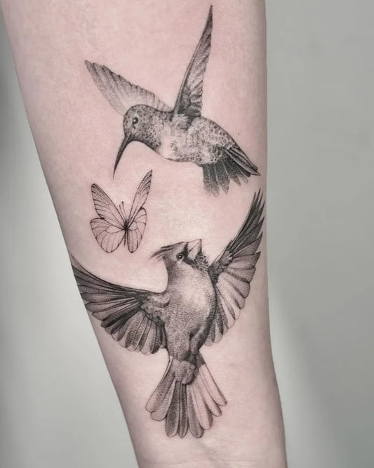 Medium Black and Grey Cardinal Hummingbird and Butterfly Tattoo on Women Arm by @paopao_tattoos