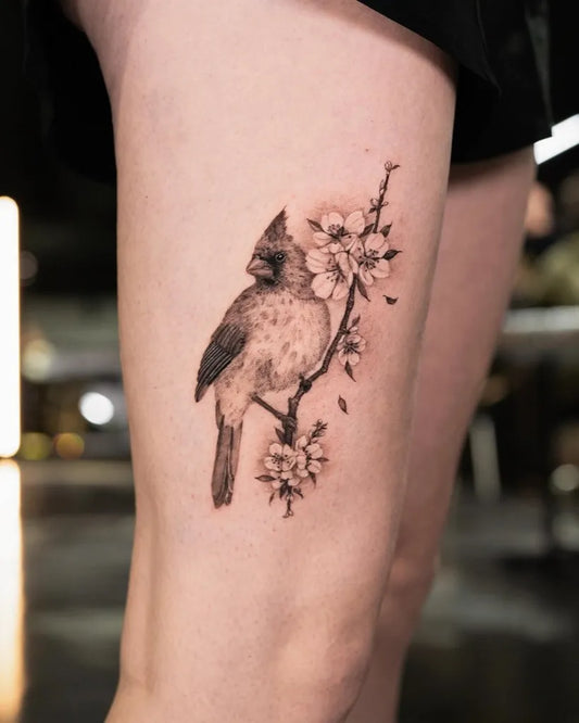 Medium Black and Grey Cardinal and Cherry Blossoms Tattoo on Women Thigh by @thesingingfinch