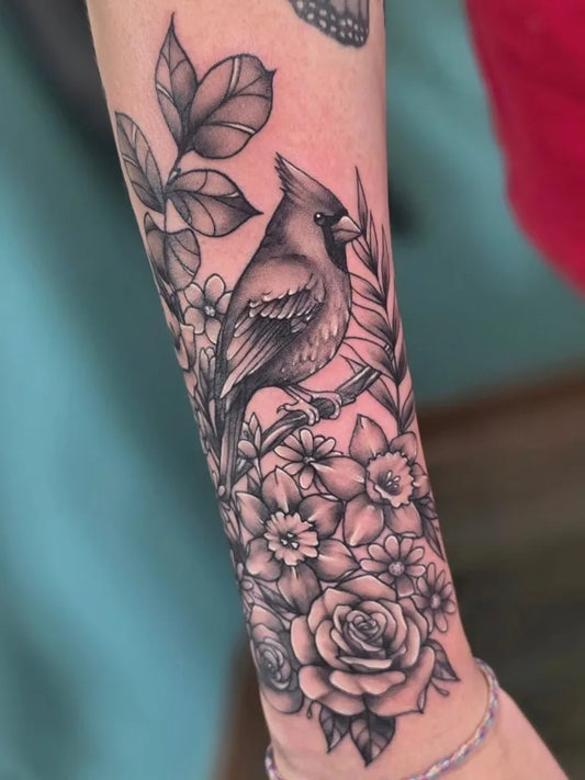 Medium Black and Grey Cardinal and Roses Tattoo on Women Arm by @ayla.foxx