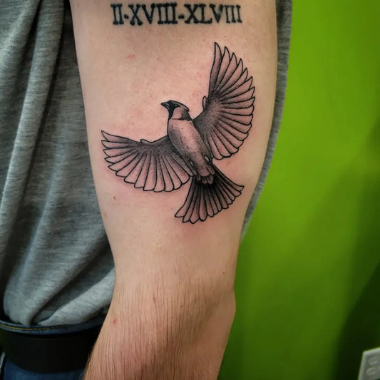 Medium Black and Grey Cardinal with Roman Numerals Tattoo on Men Arm by @kyle_martineau812