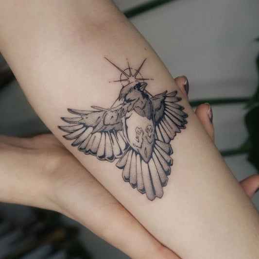 Medium Black and Grey Cardinal with Star Tattoo on Women Arm by @artashtray