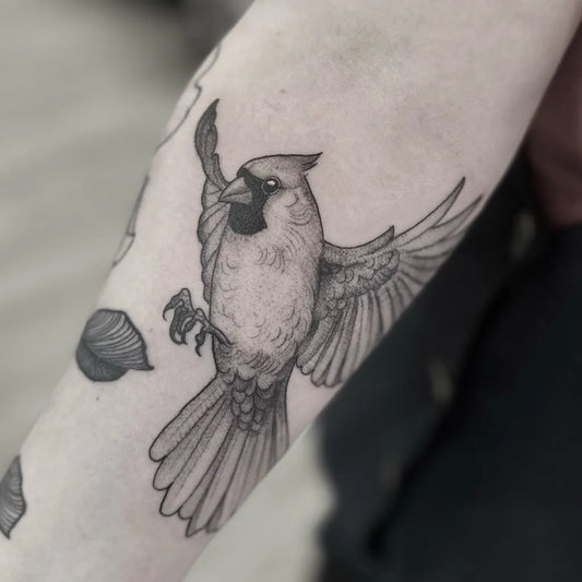 Medium Black and Grey Cardinal with Wings and Leaf Tattoo on Women Arm by @juliabelltattoo