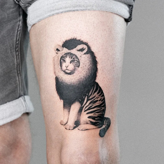 Medium Black and Grey Cat Lion Mane Tattoo on Women Thigh by @bukky_schwartz