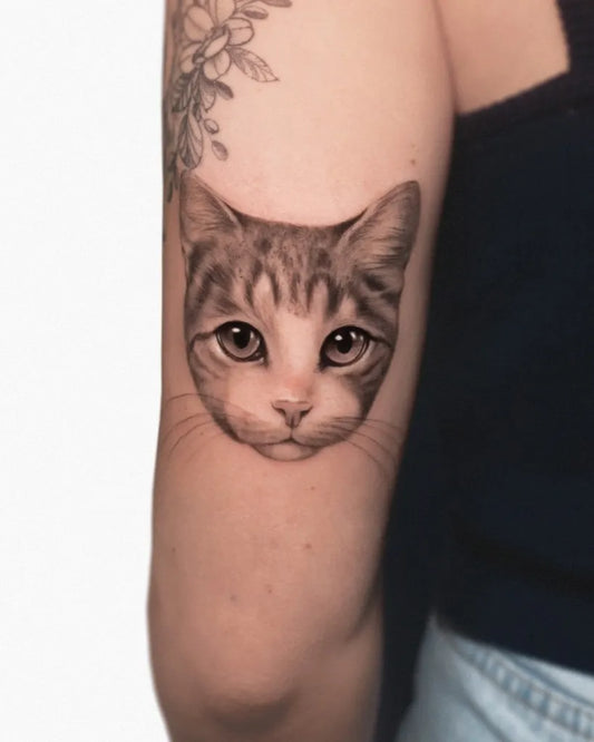 Medium Black and Grey Cat Portrait Tattoo on Women Arm by @per.swat