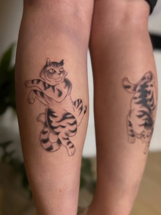 Medium Black and Grey Cat Tattoo on Women Leg by @bic.please
