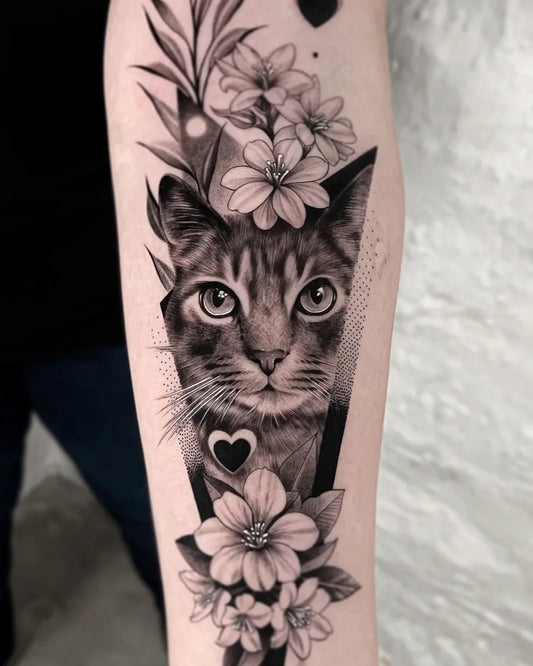 Medium Black and Grey Cat with Flowers Tattoo on Women Arm by @ro_tattoo