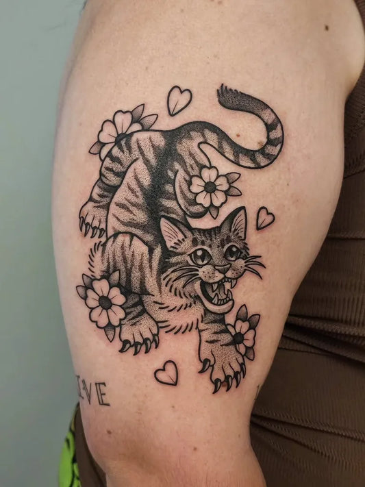 Medium Black and Grey Cat with Flowers Tattoo on Women Bicep by @csankeytat2s