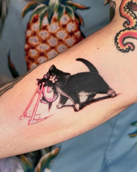 Medium Black and Grey Cat with Lantern Tattoo on Women Arm by @txttooing