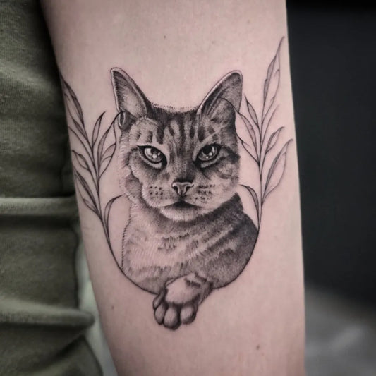 Medium Black and Grey Cat with Leaves Tattoo on Women Arm by @victonica