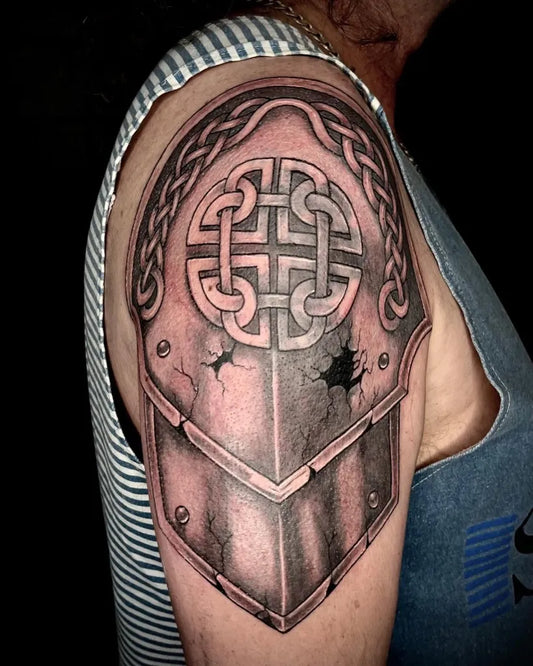 Medium Black and Grey Celtic Shield Tattoo on Men Bicep by @tattoosbypheebs