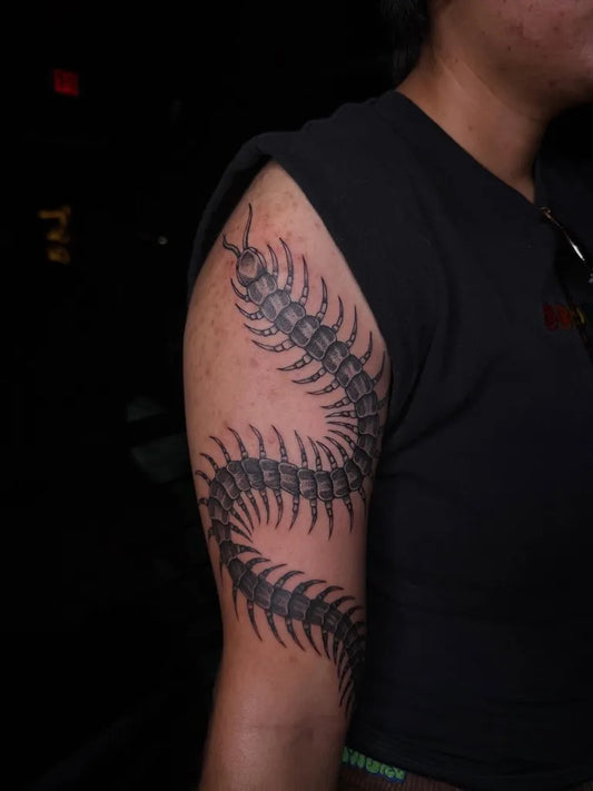 Medium Black and Grey Centipede Tattoo on Men Arm by @_kailey.lynn.tattoos