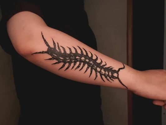 Medium Black and Grey Centipede Tattoo on Men Arm by @gtwo_tattoo