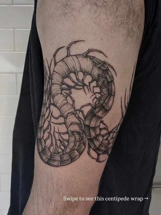 Medium Black and Grey Centipede Tattoo on Men Arm by @rhylandmaytatts