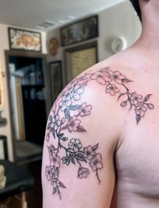 Medium Black and Grey Cherry Blossom Branch on Men Shoulder Tattoo by @kaylabre_tattoos
