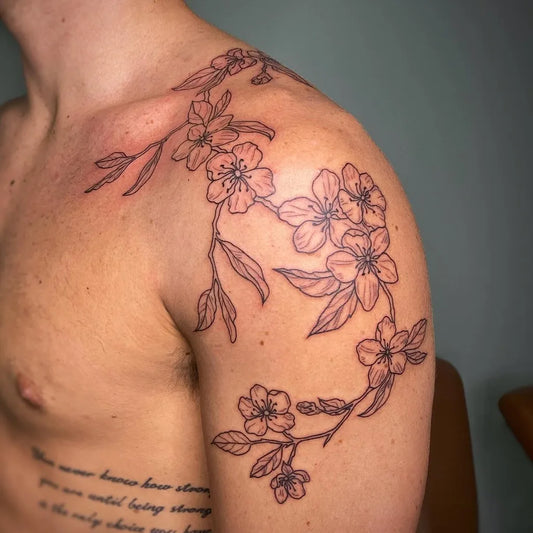 Medium Black and Grey Cherry Blossom Branch on Men Shoulder Tattoo by @kirstin_tattoos
