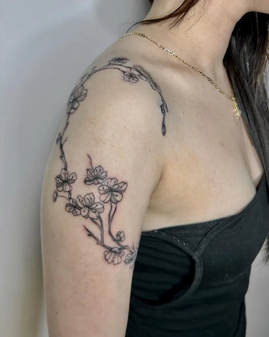 Medium Black and Grey Cherry Blossom Branch on Women Shoulder Tattoo by @umeinkz