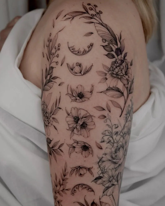 Medium Black and Grey Cherry Blossom Moon Flowers on Women Shoulder Tattoo by @black.peony.ink