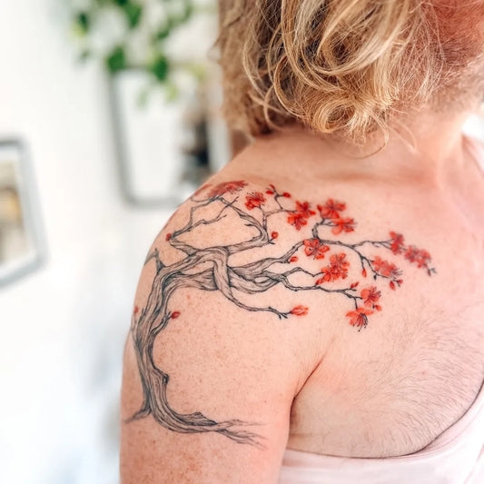 Medium Black and Grey Cherry Blossom Tree on Men Shoulder Tattoo by @casinha.tattoostudio