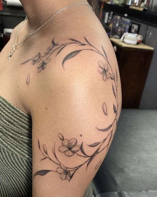 Medium Black and Grey Cherry Blossom and Vines on Women Shoulder Tattoo by @timschoolboy