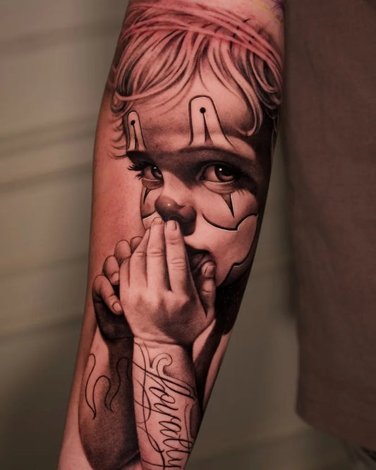 Medium Black and Grey Cherub Tattoo on Men Arm by @francescofrigenti_tats