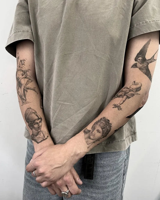 Medium Black and Grey Cherub and Swallow Tattoo on Men Arm by @bradtattoos_