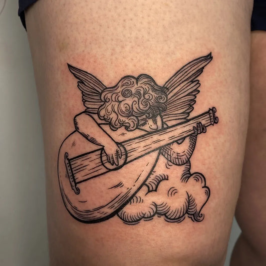 Medium Black and Grey Cherub with Lute Tattoo on Women Thigh by @itssvink