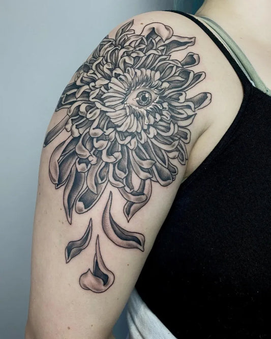 Medium Black and Grey Chrysanthemum Tattoo on Women Shoulder by @kota_marysue