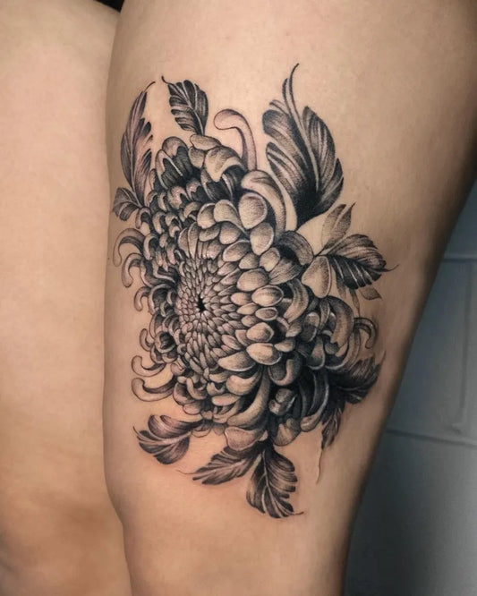 Medium Black and Grey Chrysanthemum Tattoo on Women Thigh by @hazy_tattoos