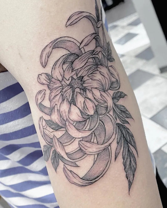 Medium Black and Grey Chrysanthemum and Leaves Tattoo on Women Arm by @jennadeart