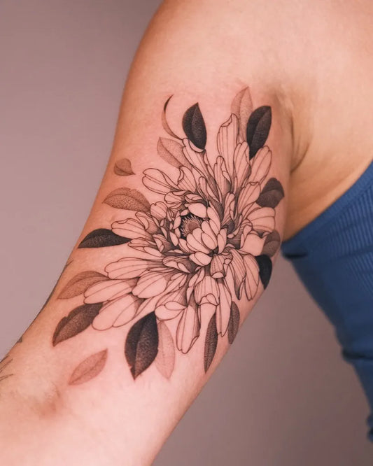 Medium Black and Grey Chrysanthemum and Leaves Tattoo on Women Arm by @kimbobby_ttt
