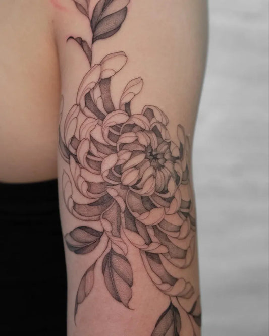 Medium Black and Grey Chrysanthemum and Leaves Tattoo on Women Arm by @lilyblu.ink
