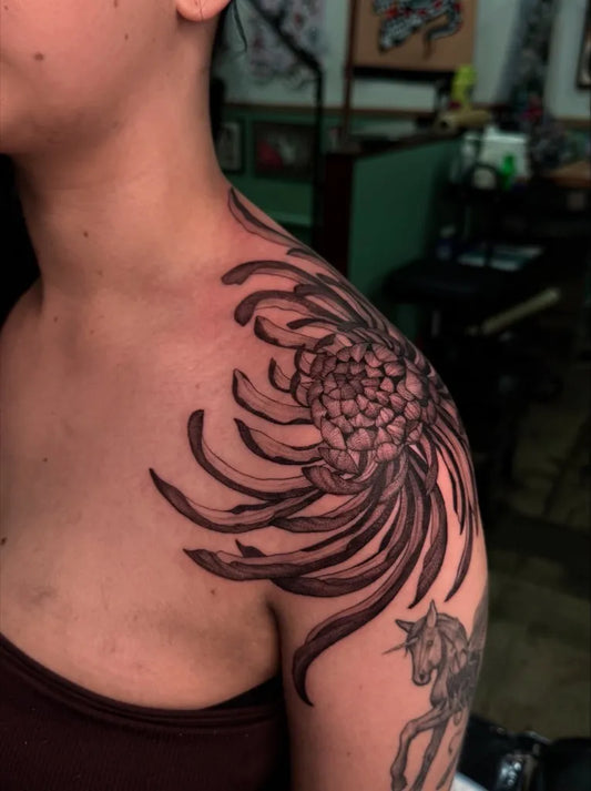 Medium Black and Grey Chrysanthemum black ink Tattoo on Women Shoulder by @brihutchi