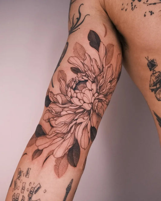 Medium Black and Grey Chrysanthemum with Leaves Tattoo on Men Arm by @kimbobby_ttt