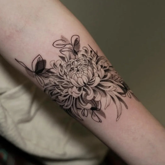 Medium Black and Grey Chrysanthemum with Leaves Tattoo on Women Arm by @josueviridian