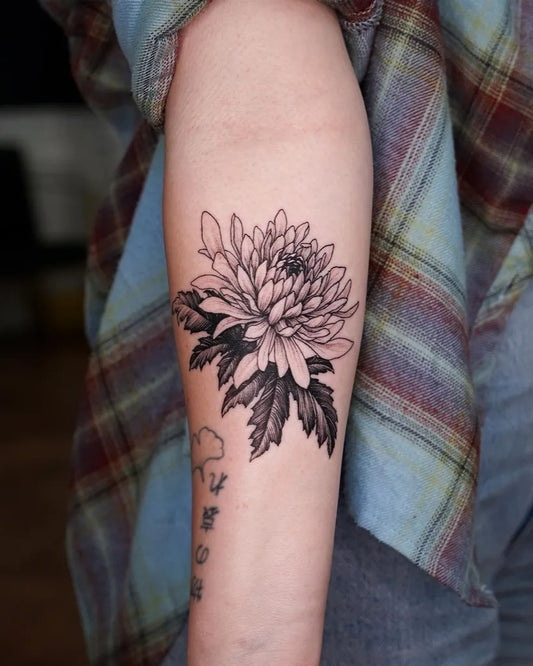Medium Black and Grey Chrysanthemum with Leaves and Cloud Tattoo on Women Arm by @tattooer_intat