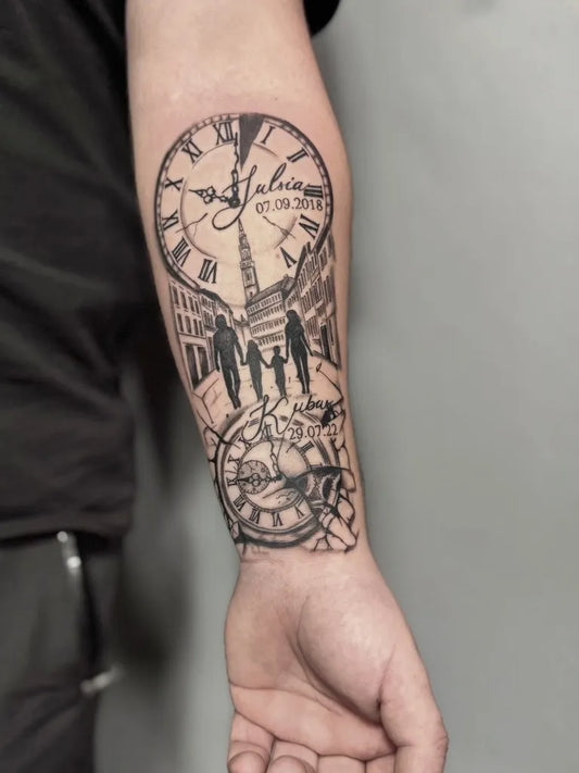 Medium Black and Grey Clock Family Eiffel Tower Tattoo on Men Arm by @tiana_tattoo9