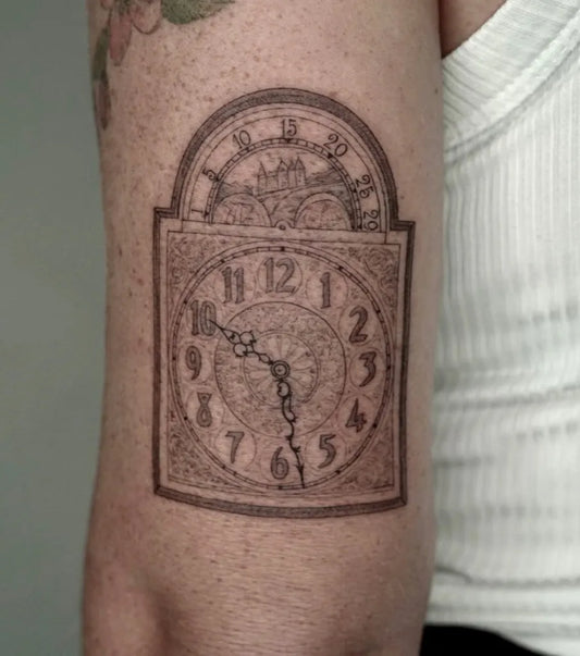 Medium Black and Grey Clock Tattoo on Women Arm by @finelinecosmetics.tattoo