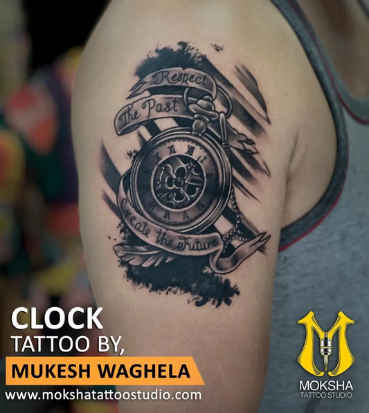 Medium Black and Grey Clock and Banner Tattoo on Men Arm by @mokshatattoostudiogoa