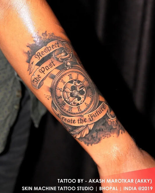 Medium Black and Grey Clock and Banner Tattoo on Men Arm by @skinmachinetattoo