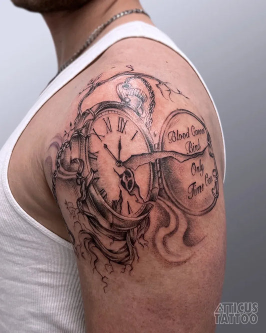 Medium Black and Grey Clock and Banner Tattoo on Men Shoulder by @atticustattoo
