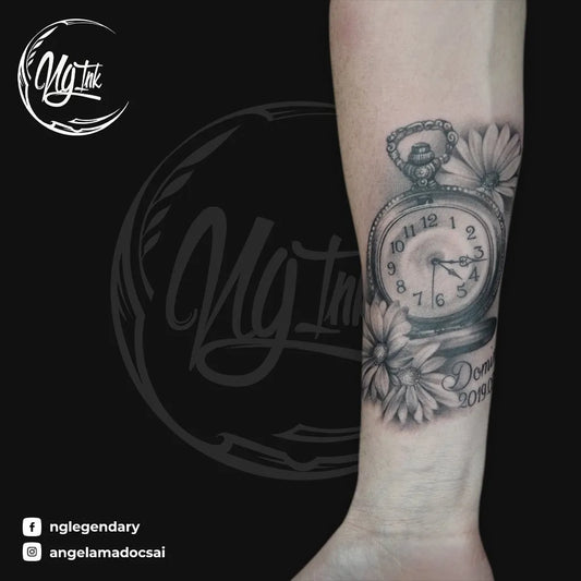 Medium Black and Grey Clock and Daisies Tattoo on Women Forearm by @angelamadocsai