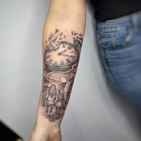 Medium Black and Grey Clock and Girls Tattoo on Women Arm by @whynotink.studio