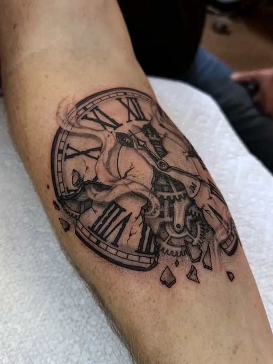Medium Black and Grey Clock and Rose Tattoo on Men Arm by @dave_stoep_tattoos