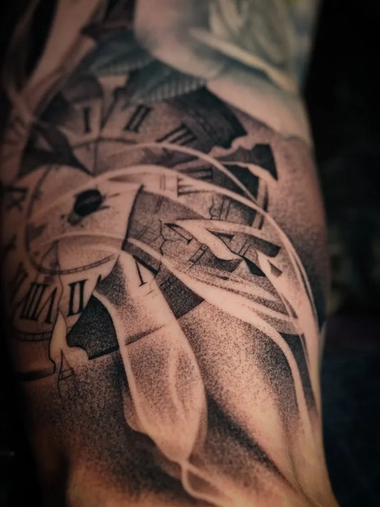 Medium Black and Grey Clock and Rose Tattoo on Women Arm by @harryhuntattoo