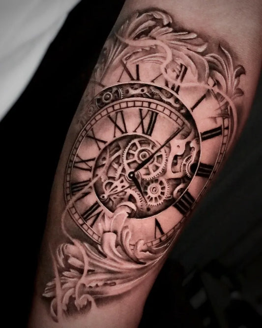 Medium Black and Grey Clock with Gears and Floral Tattoo on Men Arm by @hesper_tattoo