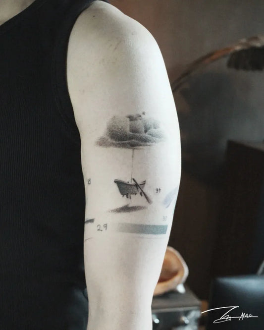 Medium Black and Grey Cloud Airplane Tattoo on Men Arm by @mac__srtt
