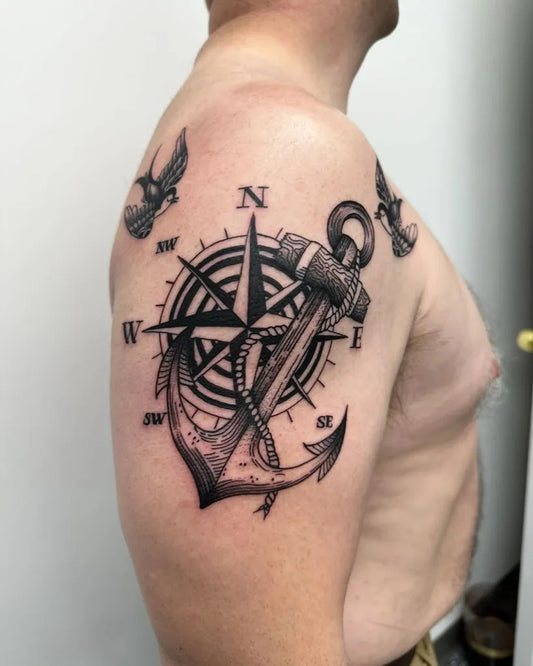 Medium Black and Grey Compass Anchor Birds on Men Shoulder Tattoo by @amourtattooinc