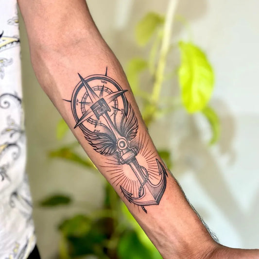 Medium Black and Grey Compass Anchor Tattoo on Men Arm by @aditychopraa