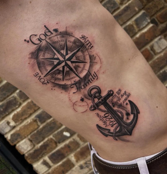 Medium Black and Grey Compass Anchor Tattoo on Men Rib by @stroh.tattoo
