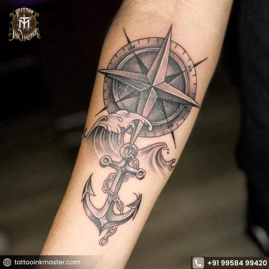Medium Black and Grey Compass Anchor Wave on Men Arm Tattoo by @tattooinkmaster27